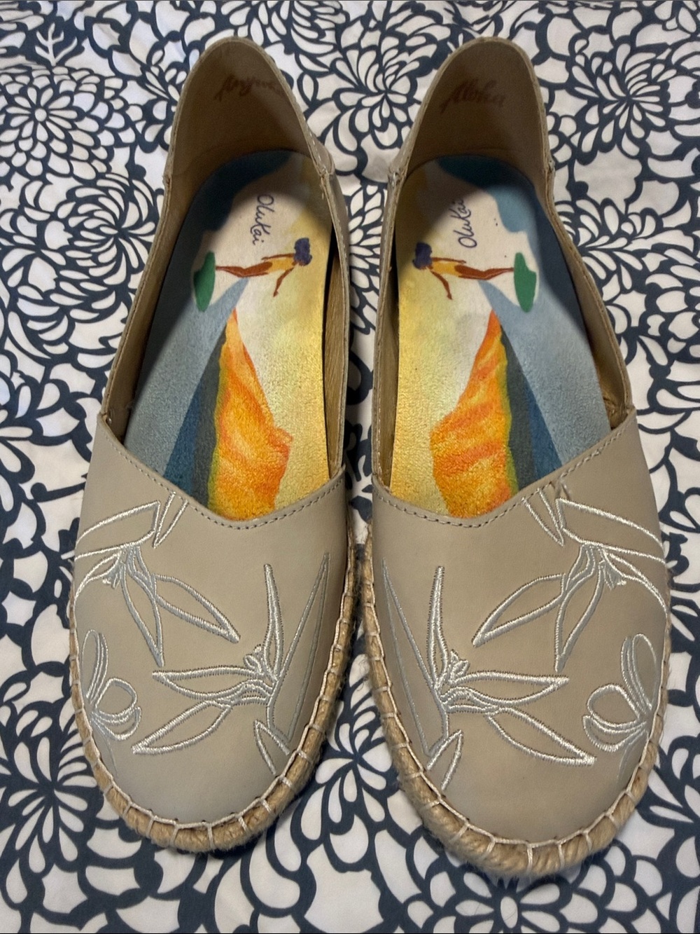Neutral Beige Embroidered Espadrille Flats by Olukai